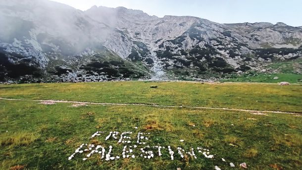 Napis »Free Palestine« na Korošici, na 1808 metrih nadmorske višine v osrčju Kamniško-Savinjskih Alp