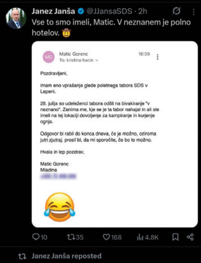 Janševa šala, ki je v resnici kršitev varstva novinarjevih osebnih podatkov (mi smo novinarjevo telefonsko številko seveda zameglili).