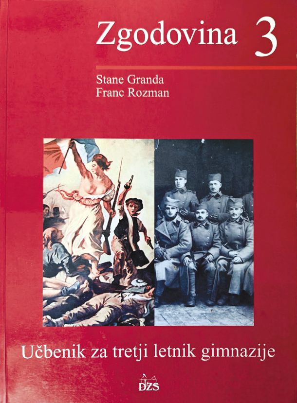 Učbenik Zgodovina 3 (iz leta 1999) z originalno upodobitvijo in odkritim oprsjem.