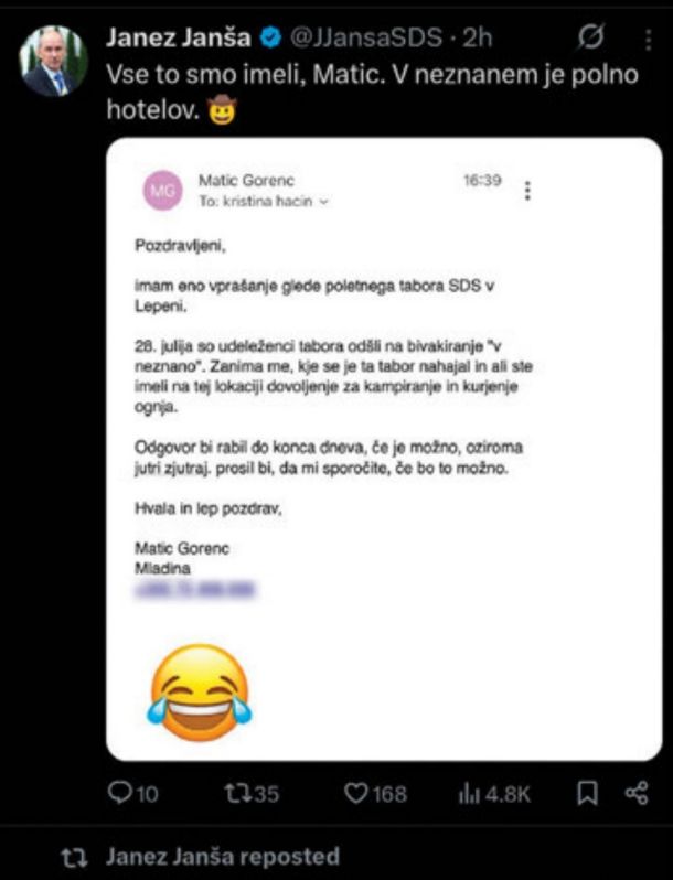 Janševa šala, ki je v resnici kršitev varstva novinarjevih osebnih podatkov (mi smo novinarjevo telefonsko številko seveda zameglili).