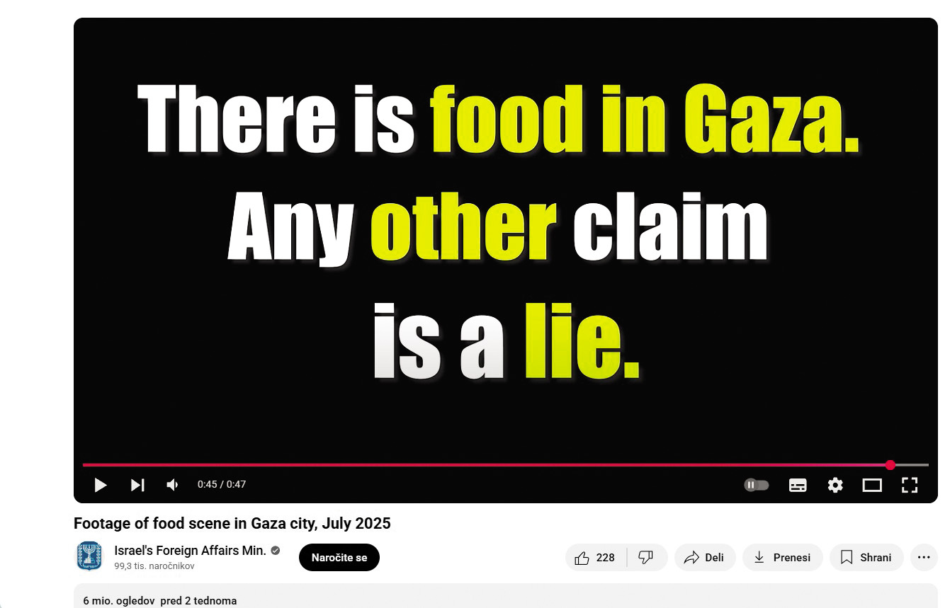 Izsek iz enega izmed propagandnih videov, ki spletno občestvo prepričujejo, da v Gazi ni lakote.