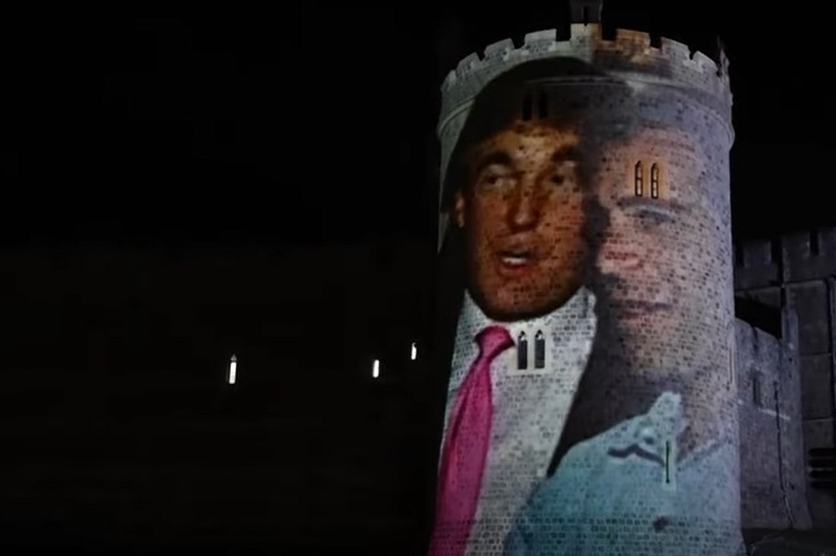 Projekcija na stolp gradu, na kateri sta Donald Trump in Jeffrey Epstein