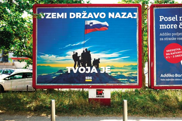 Ponarejena, prirejena in ukradena fotografija, plagiat stranke SDS na jumbo plakatu v Ljubljani (objavljena je bila tudi na naslovnici prejšnje številke Mladine) 