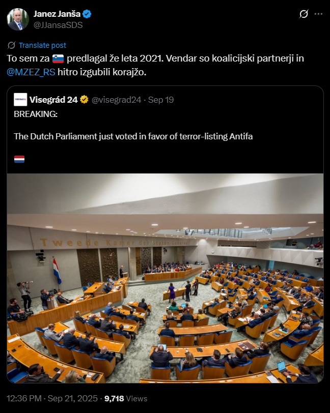 Janez Janša se je pohvalil, da je želel že zdavnaj prepovedati gibanje antifa. Morda ga je res želel, a v času njegove vlade je Hojsovo ministrstvo za notranje zadeve objavilo posebno mnenje, v katerem je pisalo, da pravni razlogi za prepoved ne obstajajo.