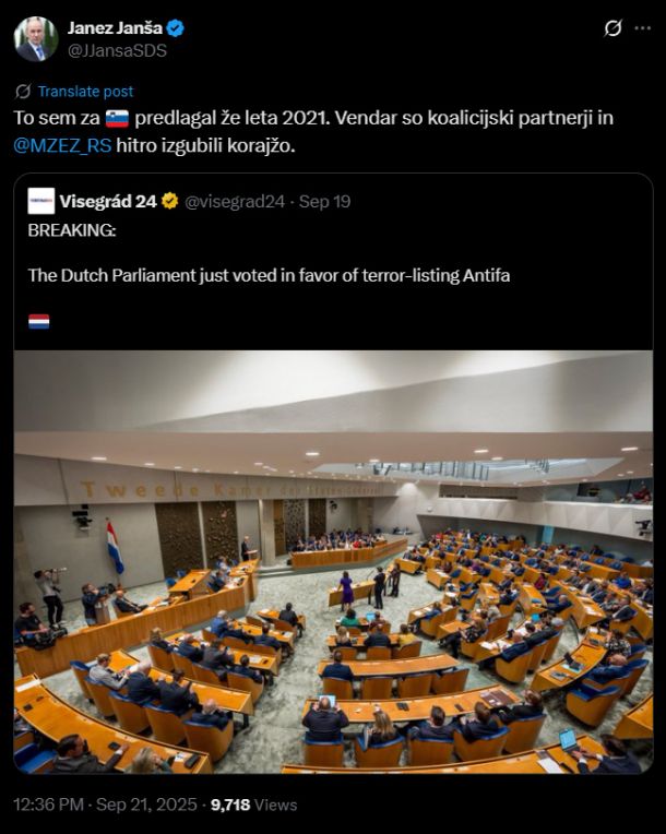 Janez Janša se je pohvalil, da je želel že zdavnaj prepovedati gibanje antifa. Morda ga je res želel, a v času njegove vlade je Hojsovo ministrstvo za notranje zadeve objavilo posebno mnenje, v katerem je pisalo, da pravni razlogi za prepoved ne obstajajo. 