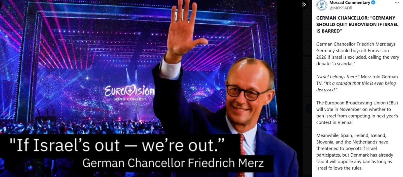 Objava profila Mossad Comentary na družbenem omrežju X