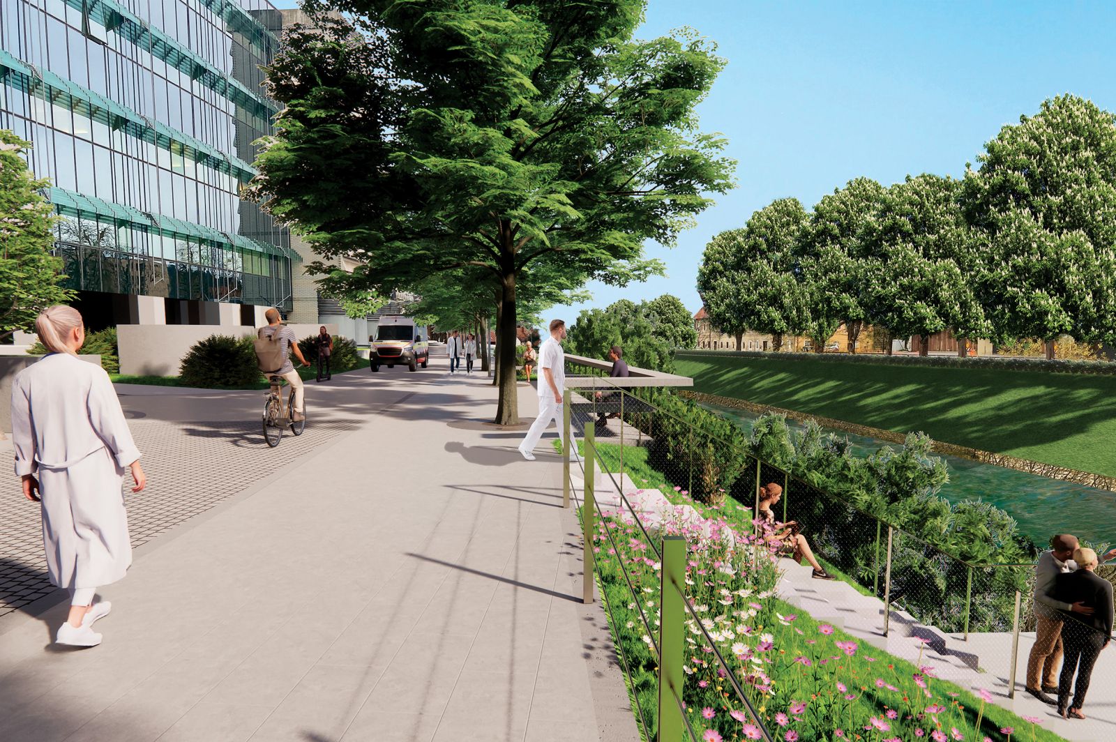 Prostorožev predlog ureditve Šuštarjevega nabrežja, kjer je glavni vhod v Onkološki inštitut: danes se utaplja v pločevini, bo nekoč rečna promenada?