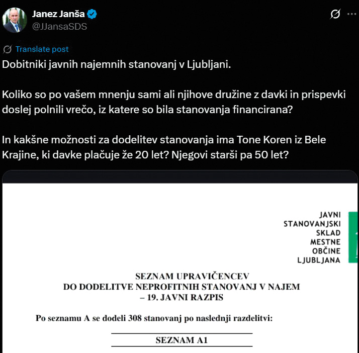 Začetni del Janševega ksenofobnega in zavajajočega tvita (imen in priimkov nismo objavili, Janša jih je)