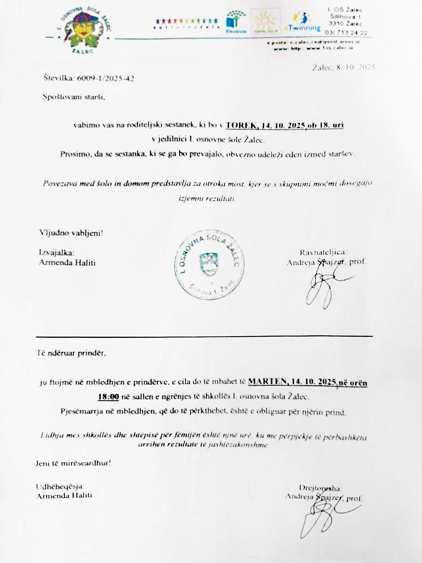 Domnevno sporno vabilo šole na roditeljski sestanek. Poslanec NSi Aleksander Reberšek je zamolčal, da je bilo vabilo namenjeno samo albansko govorečim staršem in je bilo zato, logično, napisano v dveh jezikih.