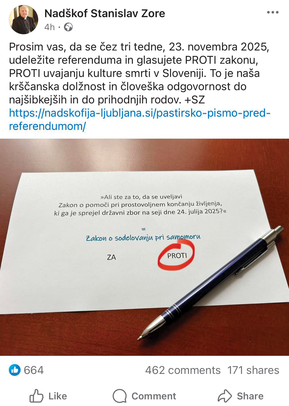 Objava nadškofa Stanislava Zoreta na Facebooku. Na fotografiji ni uradna glasovnica, pač pa gre za manipulacijo.