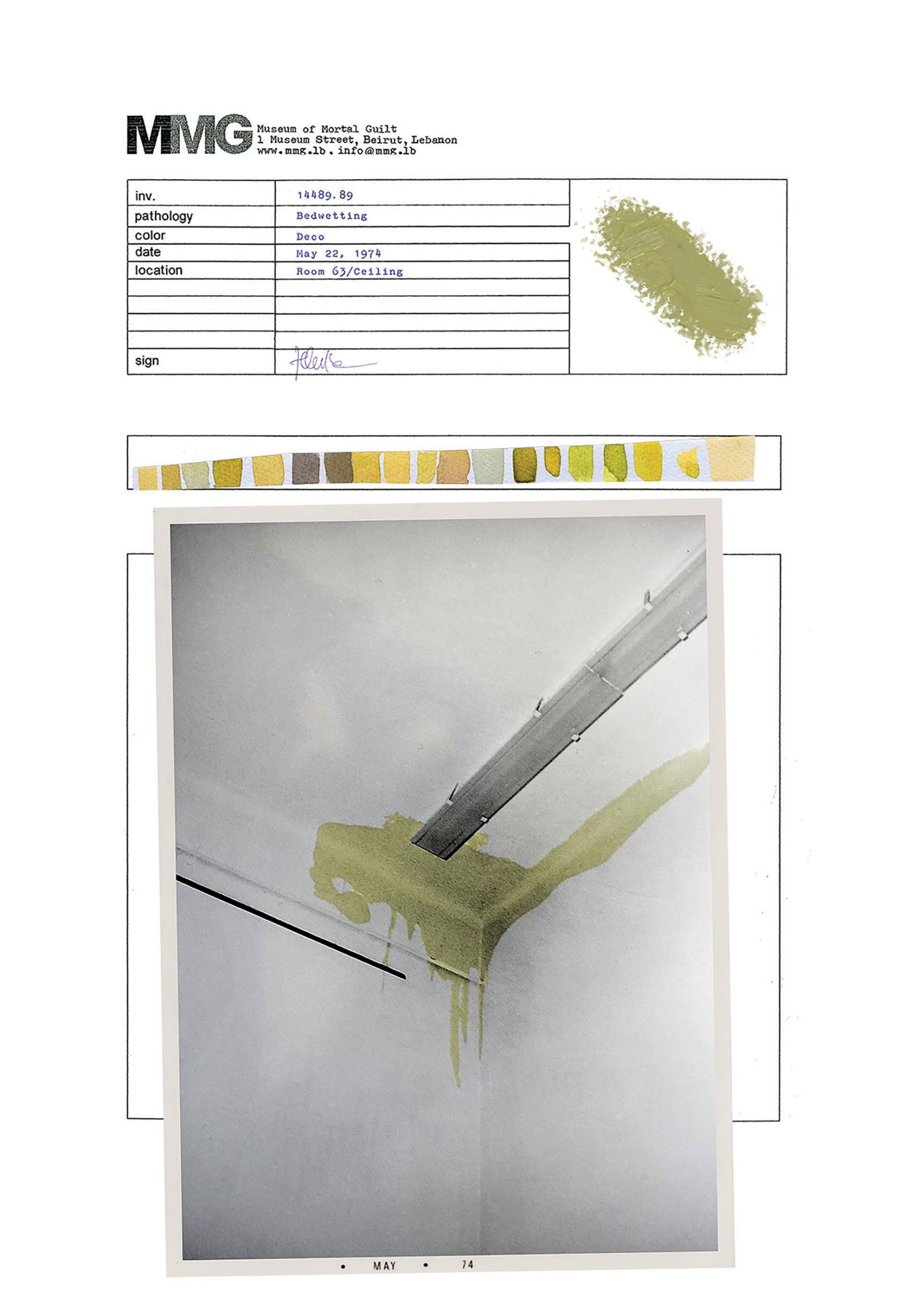 Dokument ali »dokument«, v katerem prepoznamo premočeni strop Moderne galerije? Museum of Mortal Guilt – The Leaks (Yellowprints), 2025.