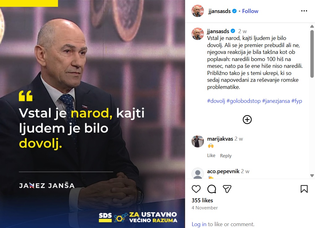Populistična objava predsednika SDS Janeza Janša na družbenem omrežju Instagram