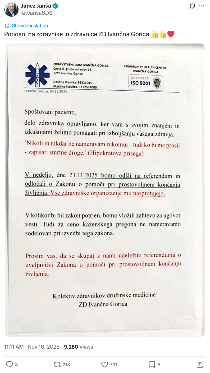 Vodja opozicije Janez Janša je pohvalil držo kolektiva zdravnikov družinske medicine ZD Ivančna Gorica 