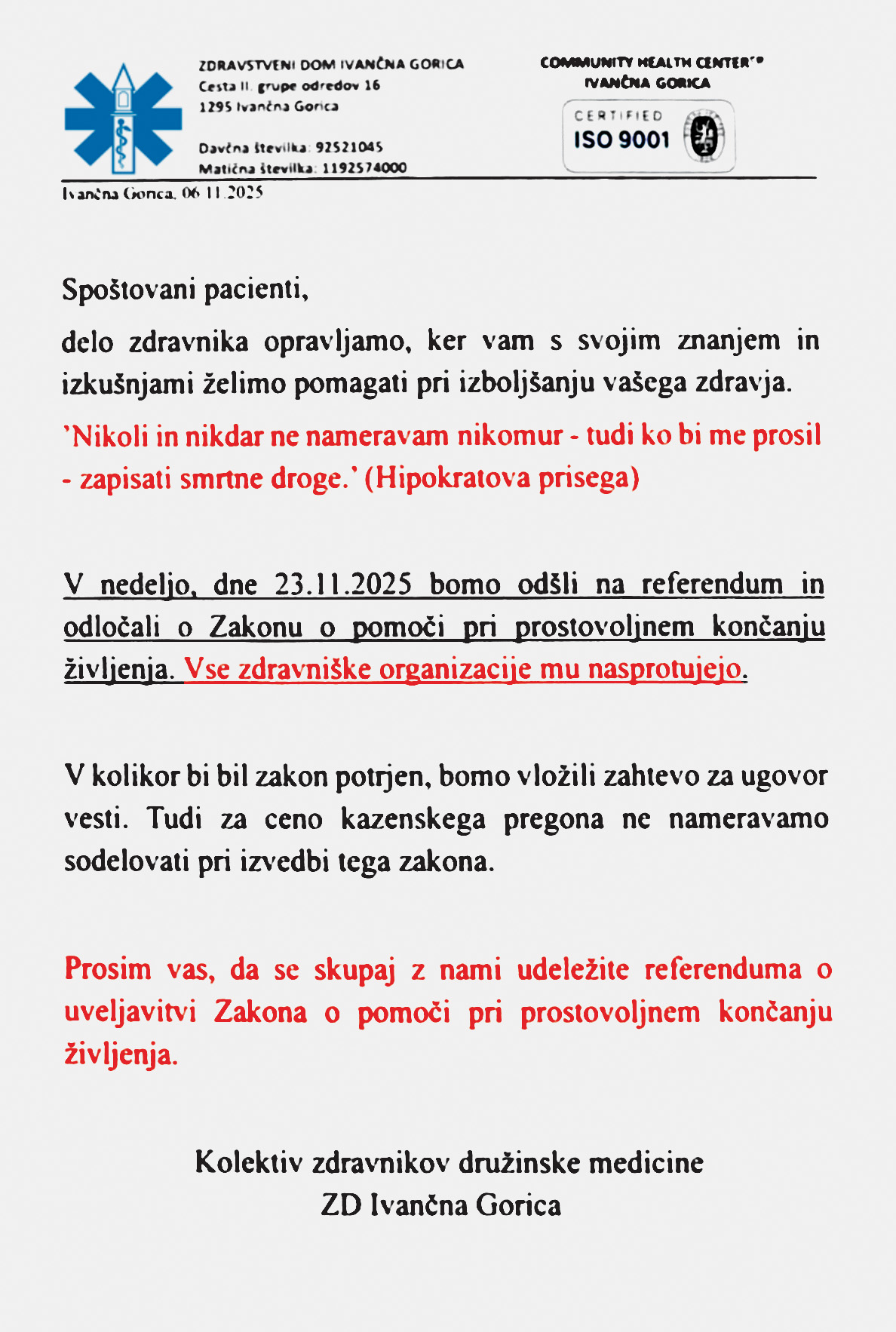 Letak zdravnikov družinske medicine Zdravstvenega doma Ivančna Gorica