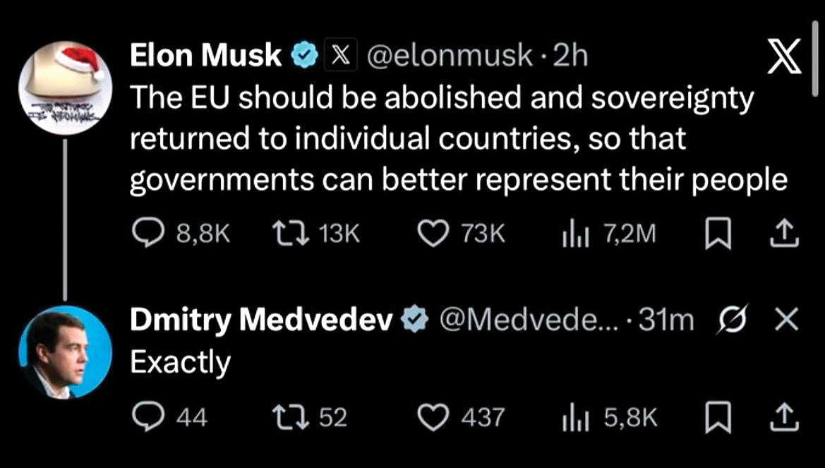 ZDA (Elon Musk, siva eminenca ameriškega gibanja MAGA) menijo, da bi bilo treba »EU odpraviti in suverenost vrniti posameznim državam, da bi vlade lahko bolje zastopale svoje ljudi«. Rusija (bivši ruski predsednik Dmitrij Medvedjev) se s tem strinja. 
