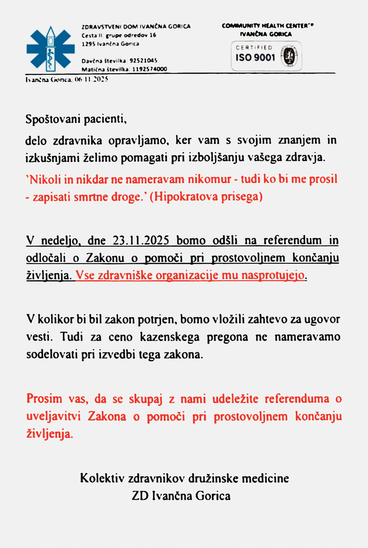 Letak, ki ga je med referendumsko kampanjo objavil kolektiv zdravnikov družinske medicine iz javnega Zdravstvenega doma Ivančna Gorica.
