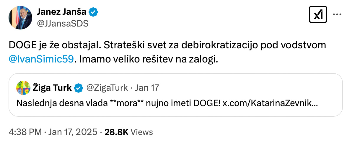 Janša po zgledu Donalda Trumpa in Elona Muska že napoveduje »debirokratizacijo« in reze v javno upravo