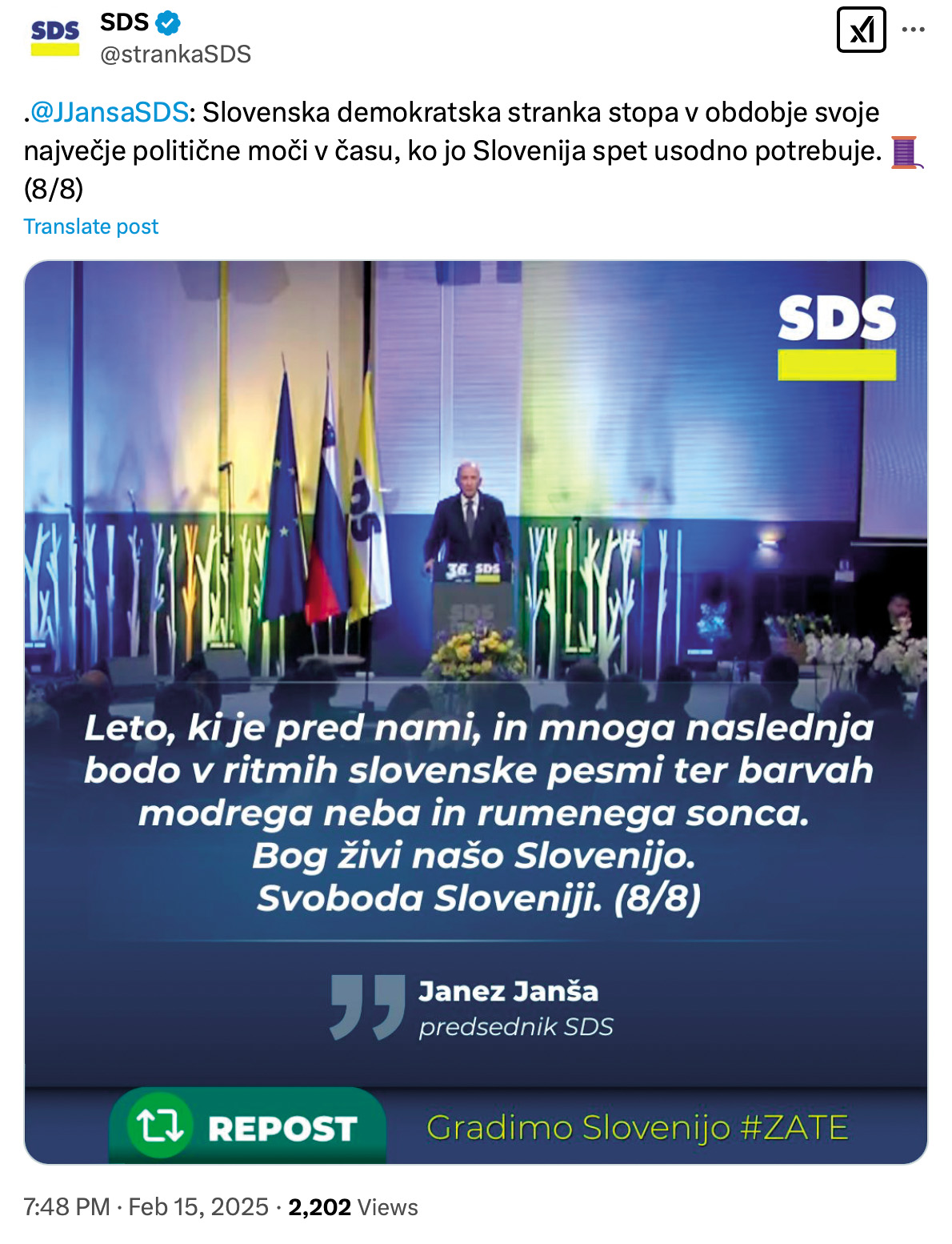 Prvak opozicije je ob 36. obletnici nastanka SDS napovedal, da bomo kmalu spet odeti v barvah »modrega neba in rumenega sonca«