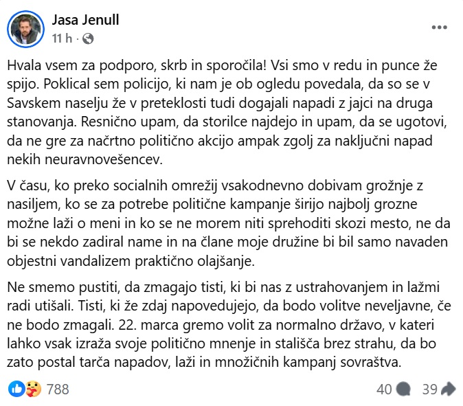 Sporočilo Jaše Jenulla, ki ga je po navadu objavil na družbenem omrežju Facebook
