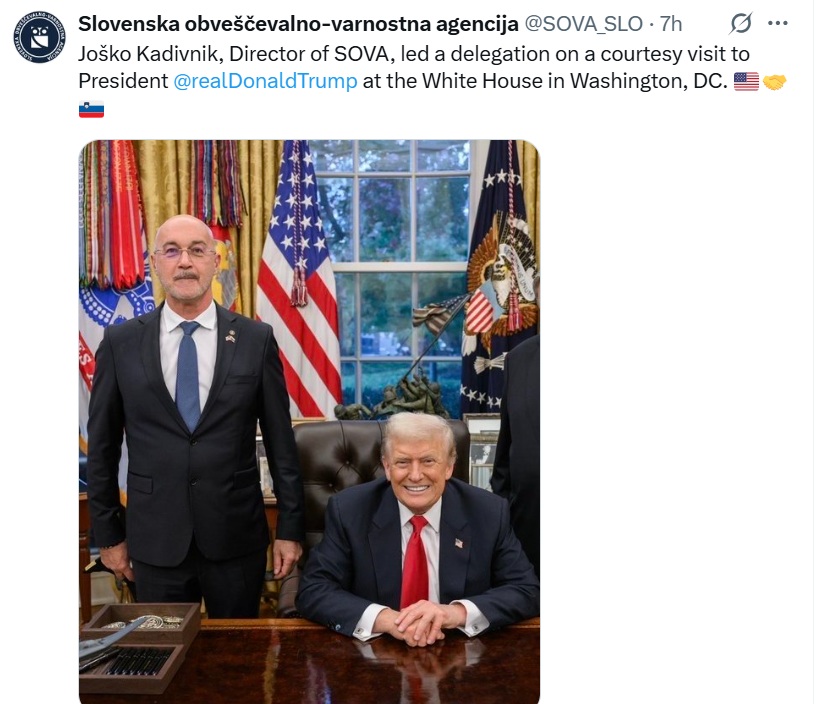 Objava Sove na omrežju X. Lansko srečanje direktorja Sove in predsednika ZDA Donalda Trumpa.