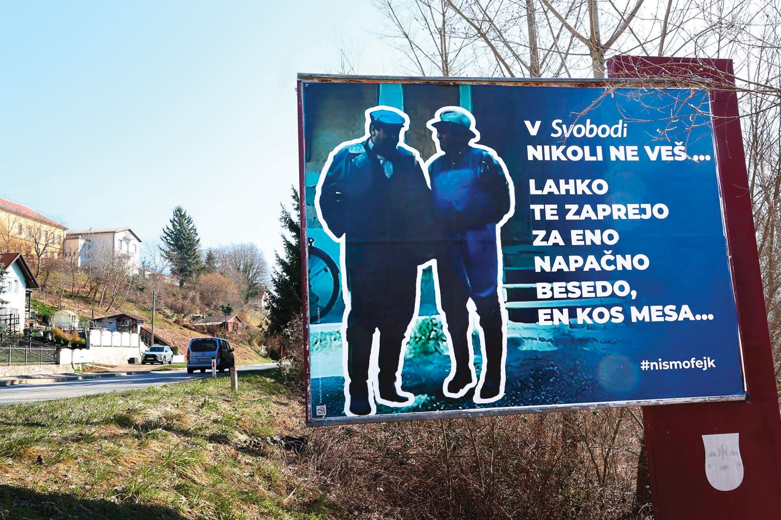 Jumbo plakat stranke SDS z zlorabljenim navedkom iz filma Moj ata, socialistični kulak