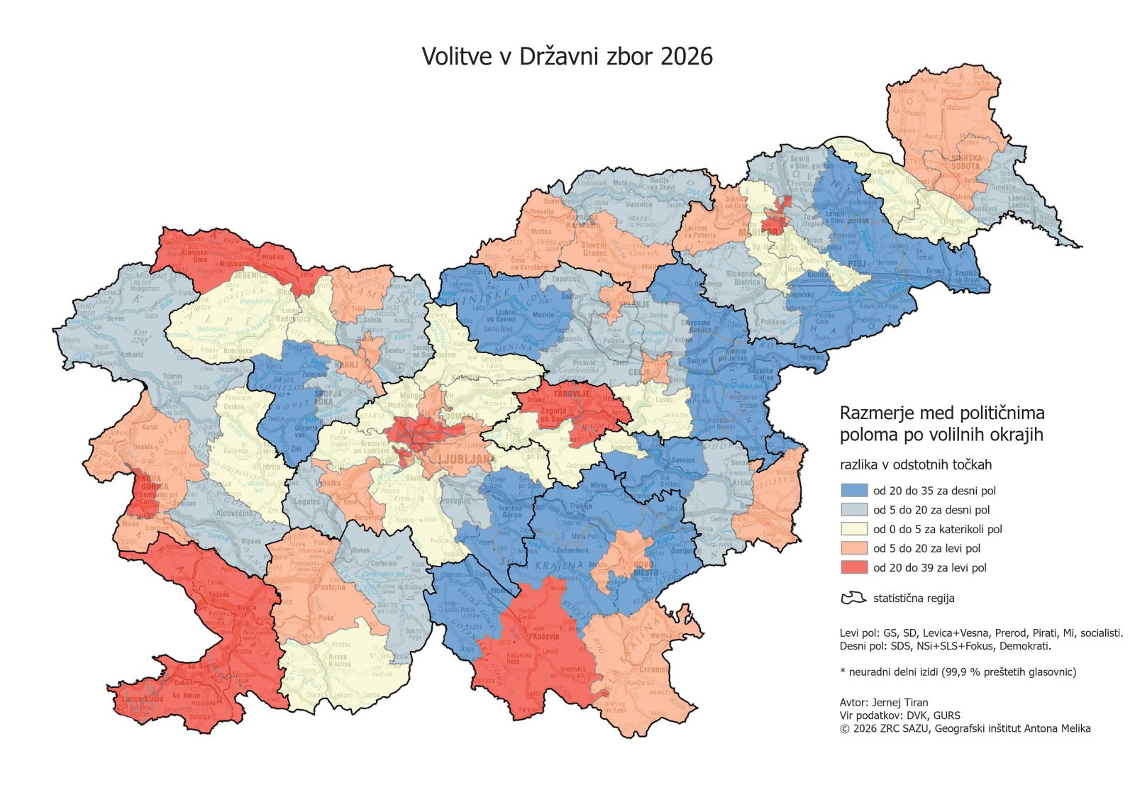 Zemljevid Slovenije, pripravil ga je geograf Jernej Tiran, kaže, kje prevladujejo volivci desnih strank in kje levih. Mesta so praviloma volila bolj levo, podeželje in manjši kraji pa desno.