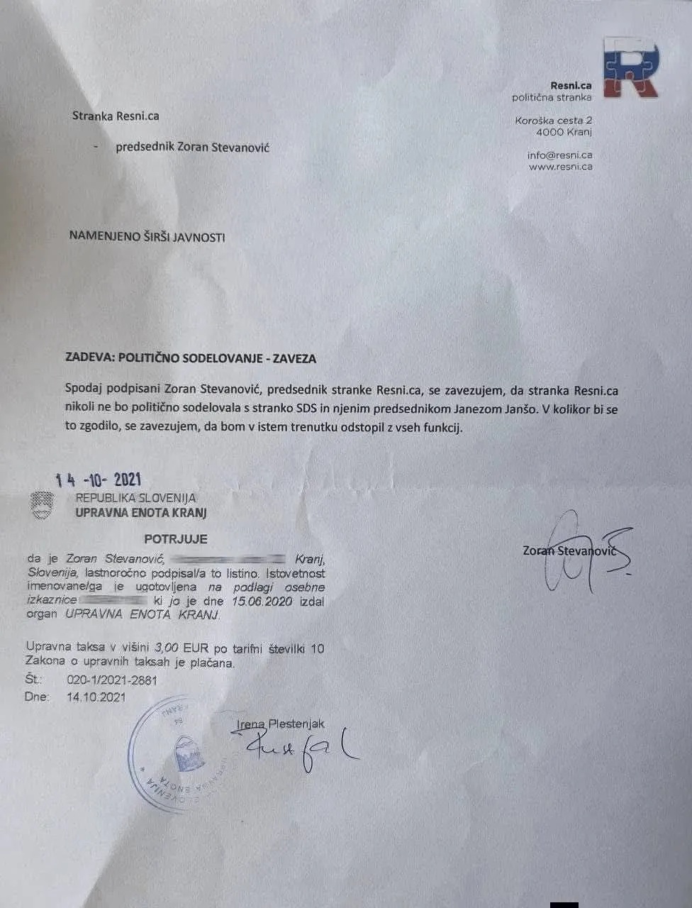 Snedena beseda: Stevanović pihne čez lastno notarsko overjeno izjavo