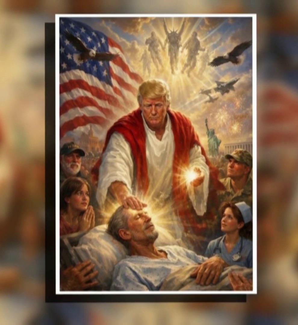 Zdaj že izbrisana slika, ki jo je na družbenih omrežjih objavil ameriški predsednik. Prikazuje Donalda Trumpa v vlogi Jezusa Kristusa.