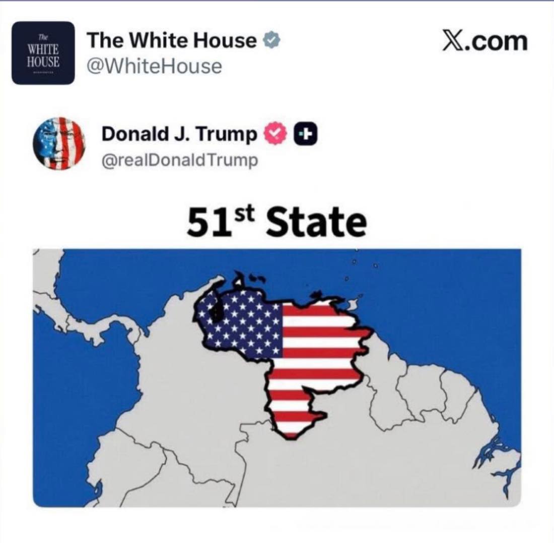 Objava ameriškega predsednika, na kateri je Venezuela jasno označena kot 51. zvezna država ZDA