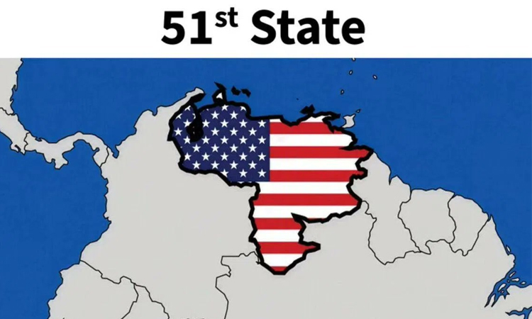 Zemljevid Venezuele, obarvane v barve ameriške zastave, ki ga je objavil Donald Trump