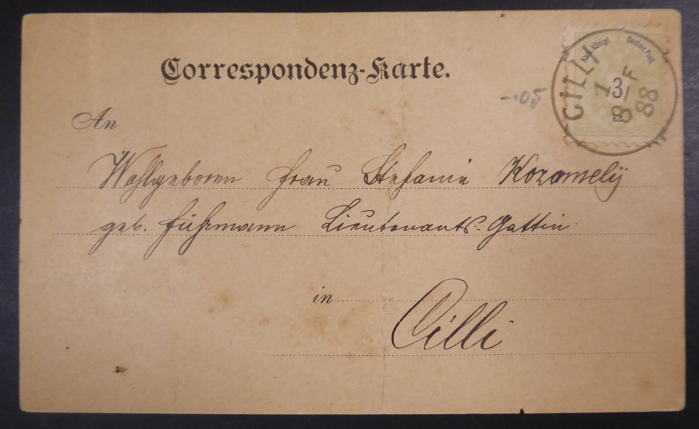 Sporočilo na razglednici, poslani leta 1888 iz Celja