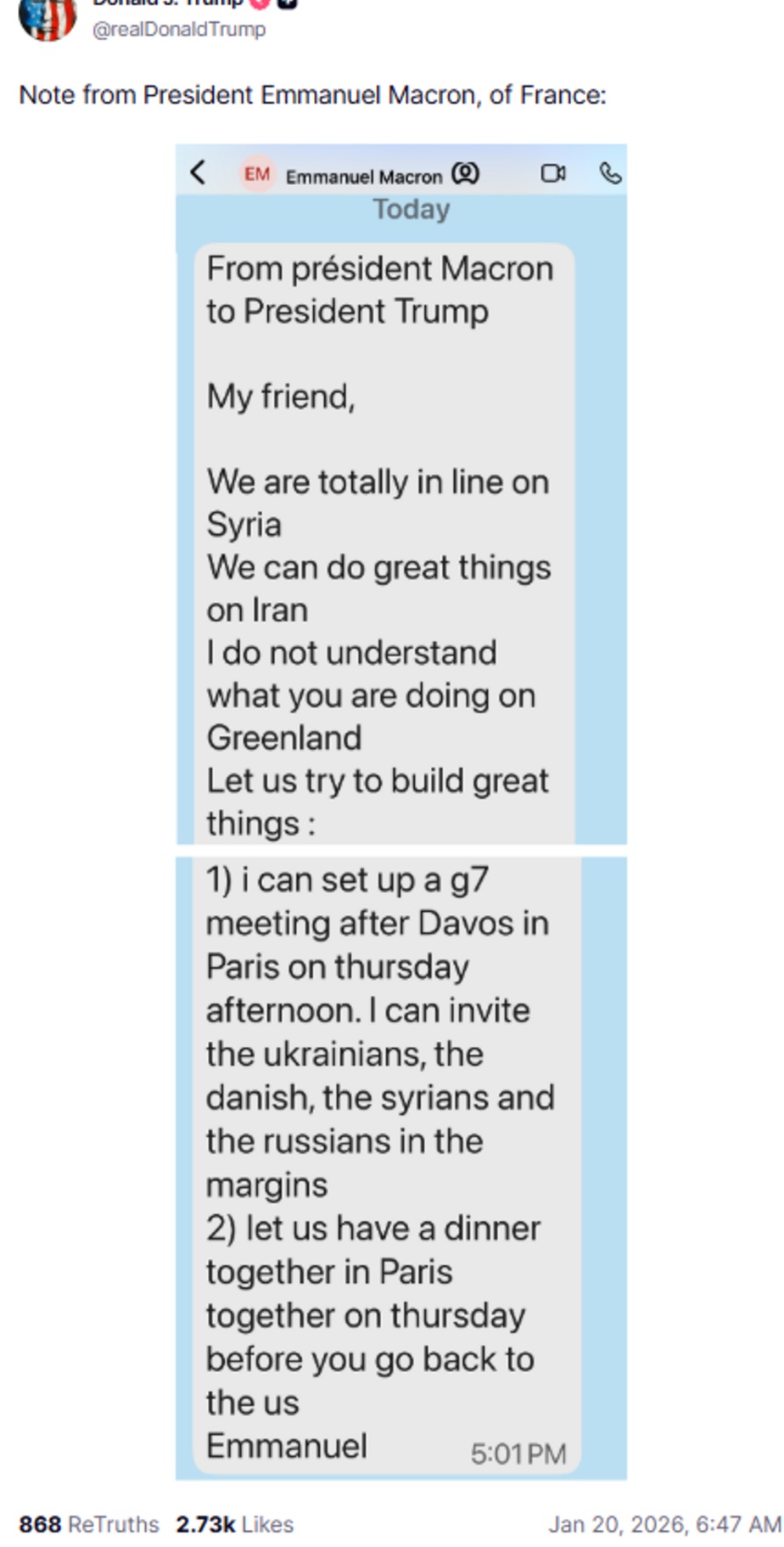 SMS-sporočilo, ki ga je Macron poslal Trumpu. Slednji ga je javno objavil na svojem družbenem omrežju Truth Social.