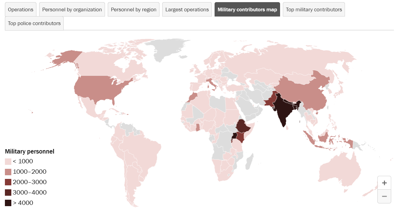 Kdo prispeva največ vojaškega osebja za mirovne misije (1. zemljevid)Kje so najbližje operacije pri nas (2. Zemljevid)