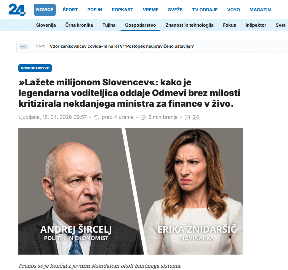 V lažnem članku je predstavljen izmišljen prepir med Andrejem Šircljem, bivšim poslancem SDS in ministrom za finance, in Eriko Žnidaršič, voditeljico oddaje Tarča.