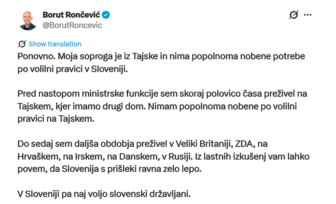 Novi minister za izobraževanje, znanost in mladino Borut Rončević v imenu svoje žene obvešča javnost, česa si ona želi in česa ne, po čem ima potrebo in po čem ne.
