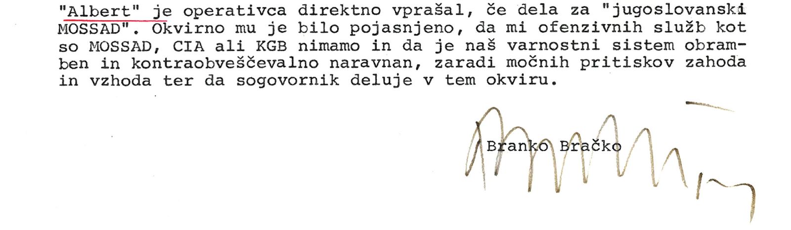 Izseki iz enega od poročil slovenske SDV o srečanju s Šaikejem Danom leta 1983. Dan v dokumentu nastopa pod psevdonimom Albert. Iz tega dokumenta je vidna globina sodelovanja med Slovenijo in Izraelom v osemdesetih, ko Jugoslavija diplomatskih stikov s to državo formalno ni imela. Sodeč po poročilu je Dan Sloveniji ponudil stike z Mosadom, ne le glede medsebojne izmenjave informacij, ampak tudi »dogovarjanja in urejanja raznih stvari, ki jih vlade prek rednih kanalov ne morejo«. Izrael je Sloveniji oziroma tedaj Jugoslaviji ponudil celo vohunjenje v ZDA, »na primer če bi bilo treba v ZDA v našo korist preveriti kakšne večje finančne zadeve«, in »da se ne bi smeli preveč ozirati na politične implikacije tajnih stikov, saj imajo oni veliko tajnih stikov celo z Arabci«. Načelnik slovenske SDV je bil tedaj Branko Bračko.
