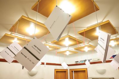 »Umetniška instalacija« pod stropom nekdanjega muzeja. Rdeče vrvice in vozli naj bi ponazarjali Pučnikovo ožilje ter zdravstvene težave, zaradi katerih je prestal tri srčne obvode.