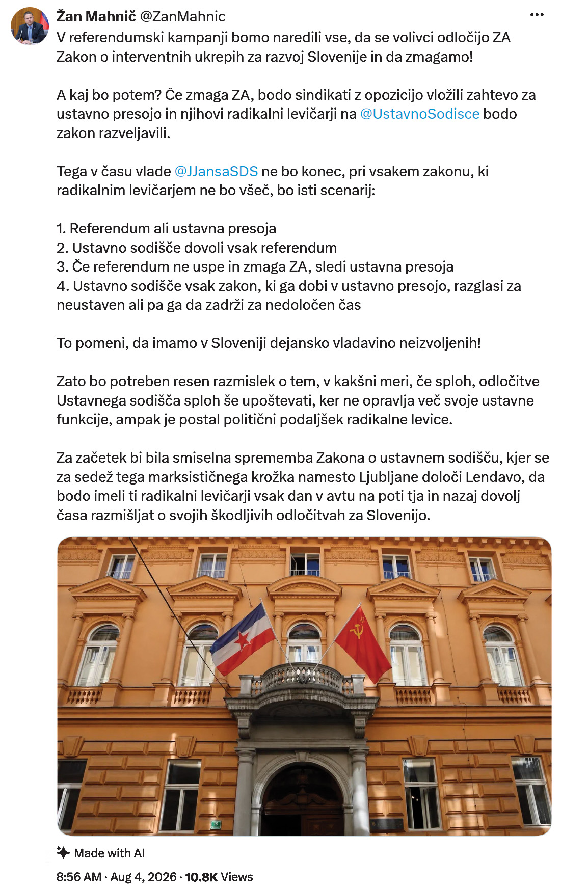 oslanec SDS Žan Mahnič si referendume, pravo in ustavno načelo delitve oblasti razlaga po svoje. Objavljeni tvit je nastal po odločitvi ustavnega sodišča o dopustnosti referenduma o interventnih ukrepih. Mahnič očitno meni, da lahko SDS vlada, kot si pač želi. Če smo prizanesljivi, lahko temu rečemo „samovlada“.