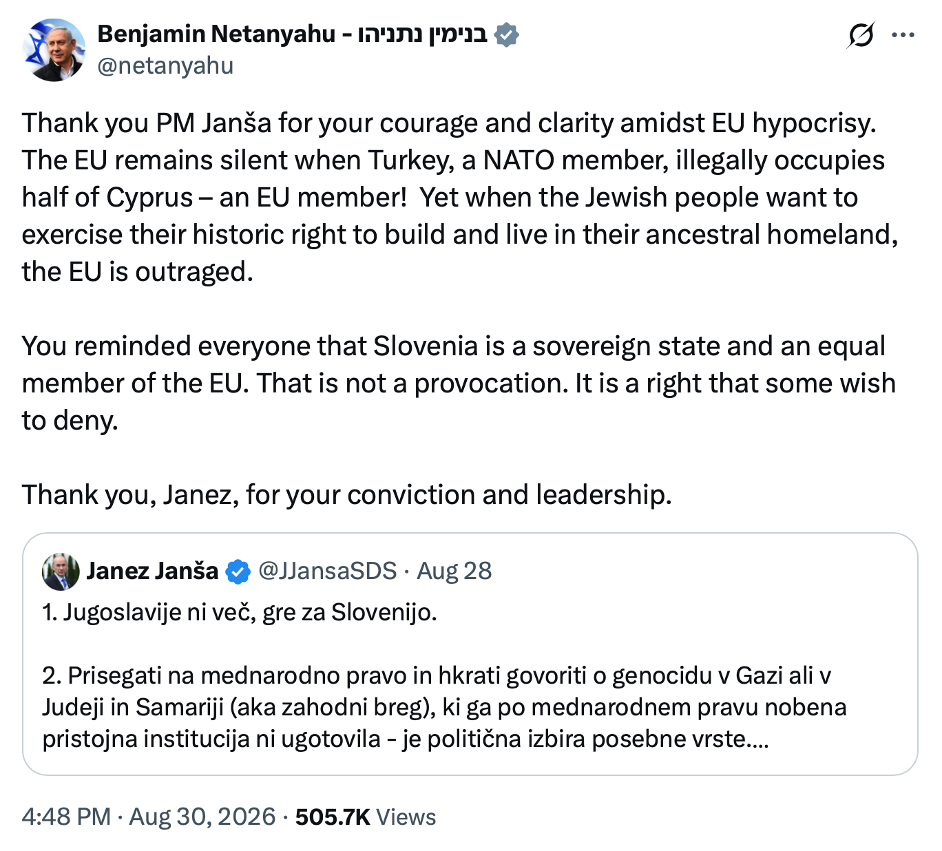 Zahvala izraelskega premiera Janezu Janši