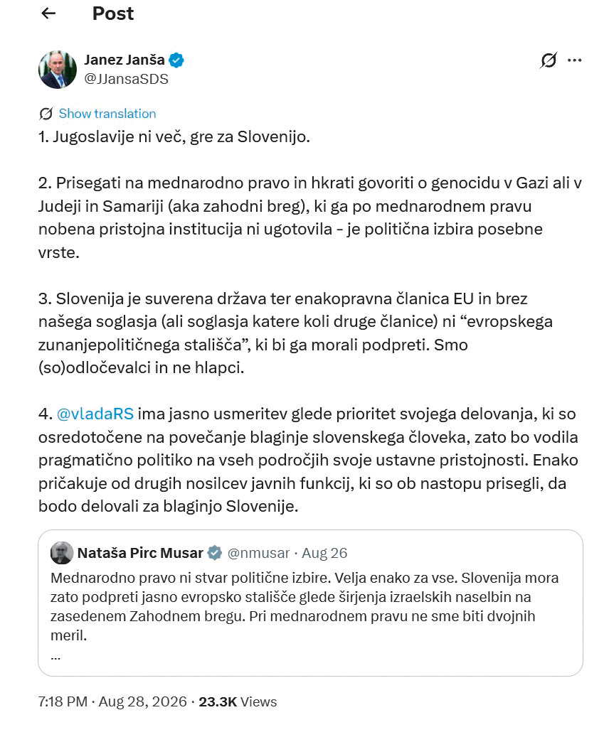 Janša odgovarja predsednici republike, da je začel voditi »pragmatično« zunanjo politiko, ki naj bi bila suverena, neodvisna in v ponos slovenskemu človeku.