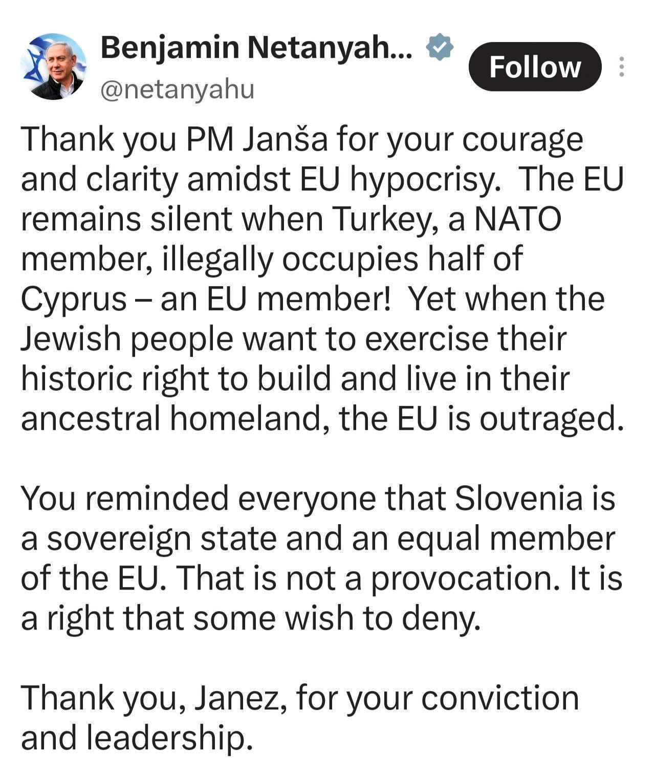 Netanjahuju zmanjkuje prijateljev, saj je večina mednarodne skupnosti spregledala njegovo politiko. Je pa sedaj tukaj Janša.