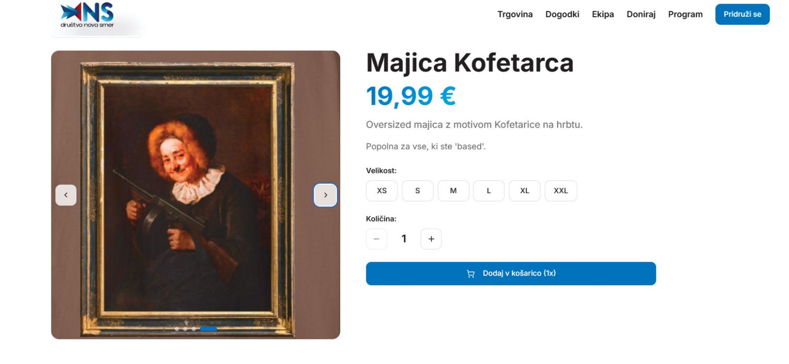 Spletna prodaja društva Nova smer in Kofetarica z orožjem v roki. Kupiti je mogoče tudi kape, puloverje in belo majico s portretom Charlieja Kirka. 