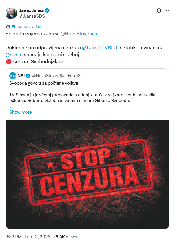 Zapis Janeza Janše, v katerem napoveduje obstrukcijo predvolilnih soočenj na RTV SLO