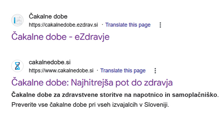 Spletna naslova dveh strani, od katerih le ena ponuja dejanske čakalne dobe.
