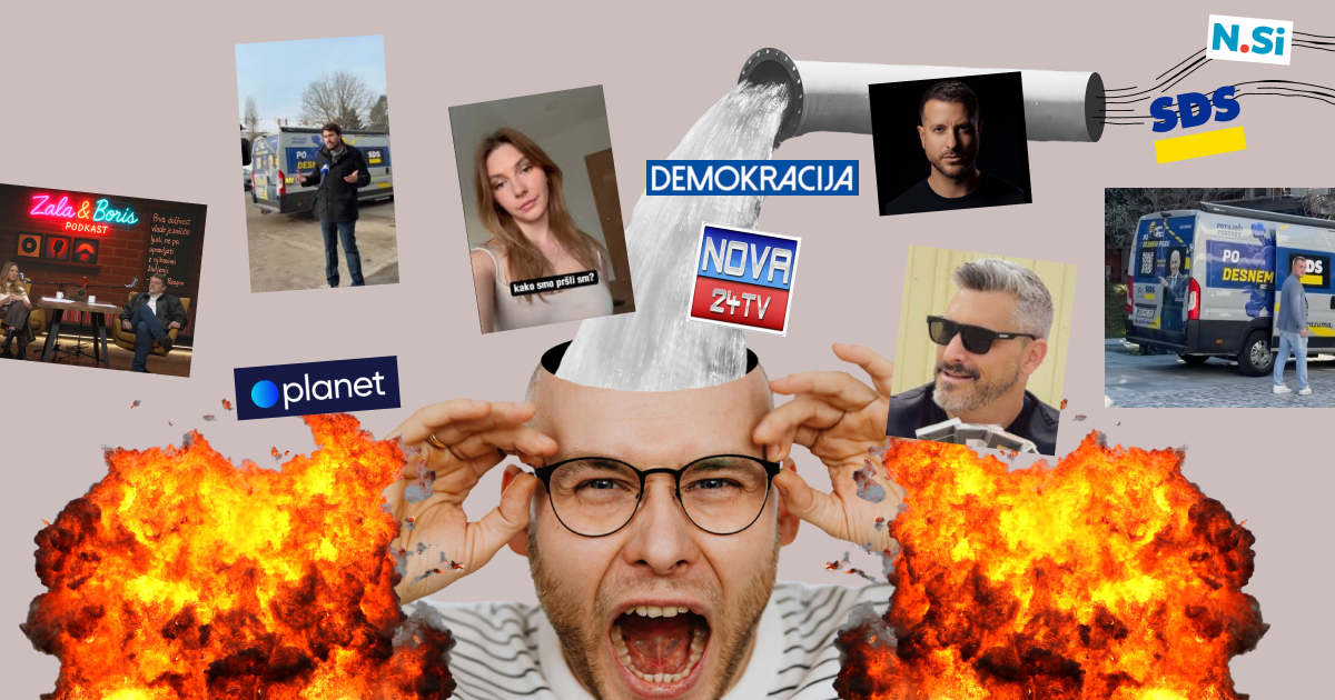 Kolaž z moškim, ki kriči in si drži glavo, vanjo pa skozi cev teče voda; okoli njega so fotografije medijskih osebnosti, logotipi desnih medijev in političnih strank ter grafični elementi ognja, kar ponazarja informacijski kaos in propagandni stroj.