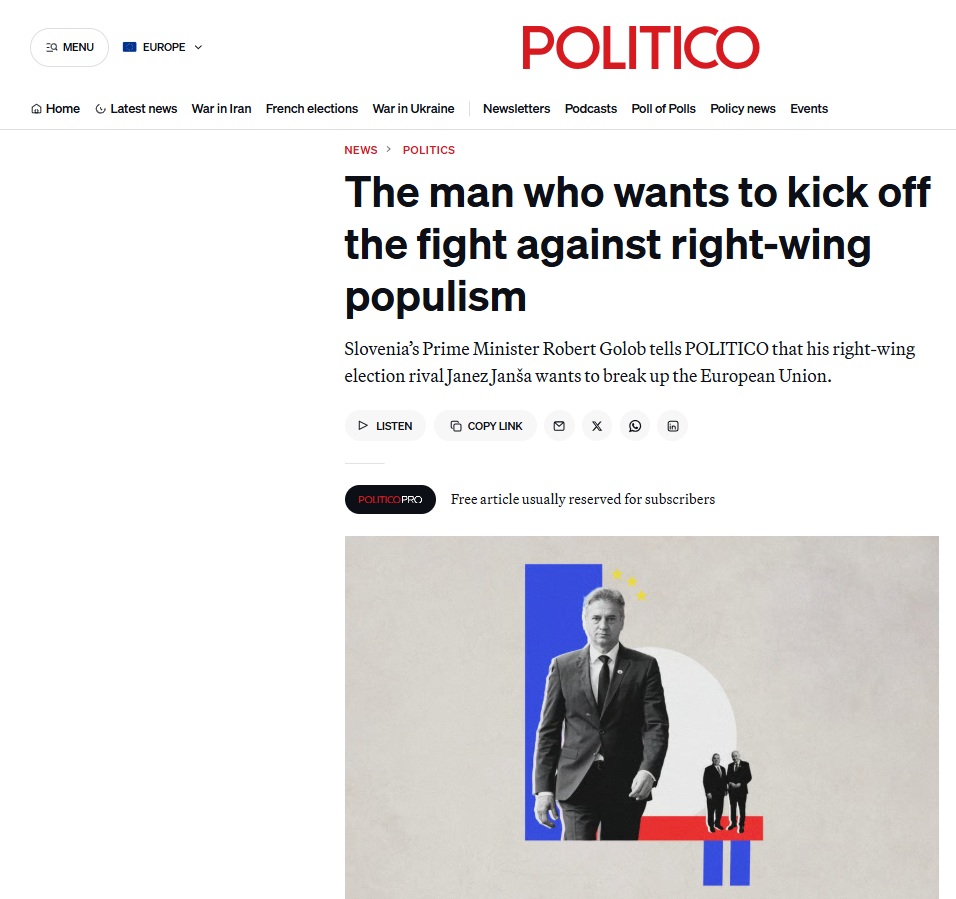Intervju z Robertom Golobom v vplivnem bruseljskem mediju Politico