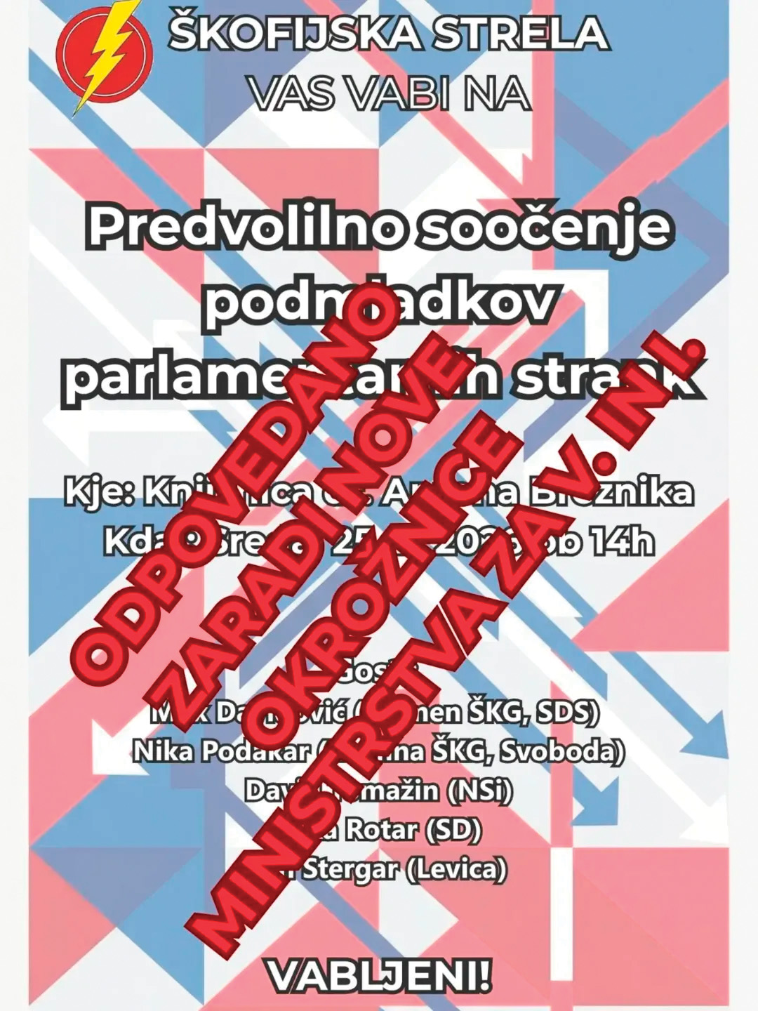Škofijska strela, krožek dijakov Škofijske klasične gimnazije v Ljubljani, je želela pripraviti politično soočenje, a v dobri veri pozabila na zakonodajo. 