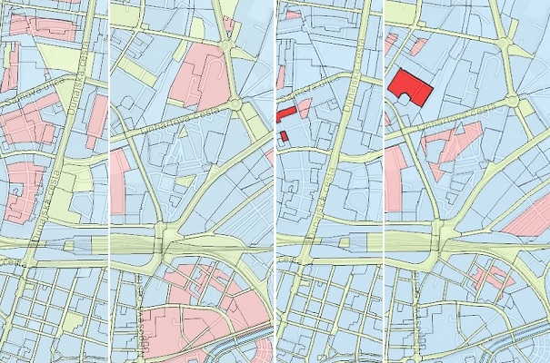 Levo: rdeča področja v II. stopnji varstva pred hrupom. Desno: nov osnutek OPN, po katerem so nekatere soseske degradirane v modro, III. stopnjo varstva pred hrupom.
