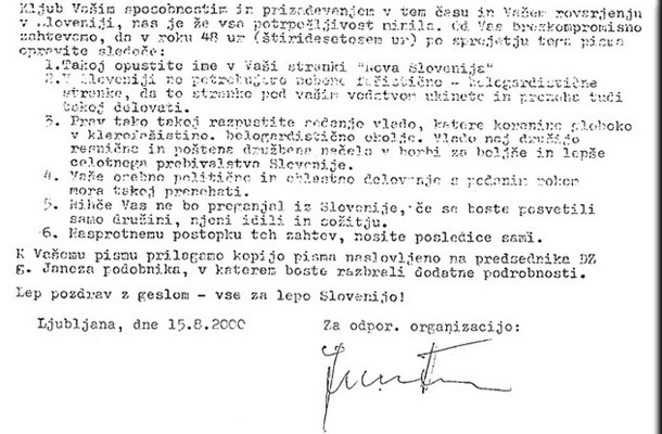 Odlomek iz grozilnega pisma, ki je po državnem zboru in medijih krožilo leta 2000.