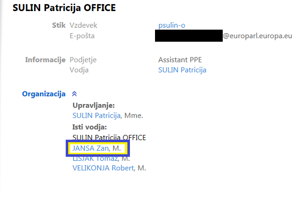 Interni imenik bruseljskega parlamenta, kjer je vidno ime Žana Janše.